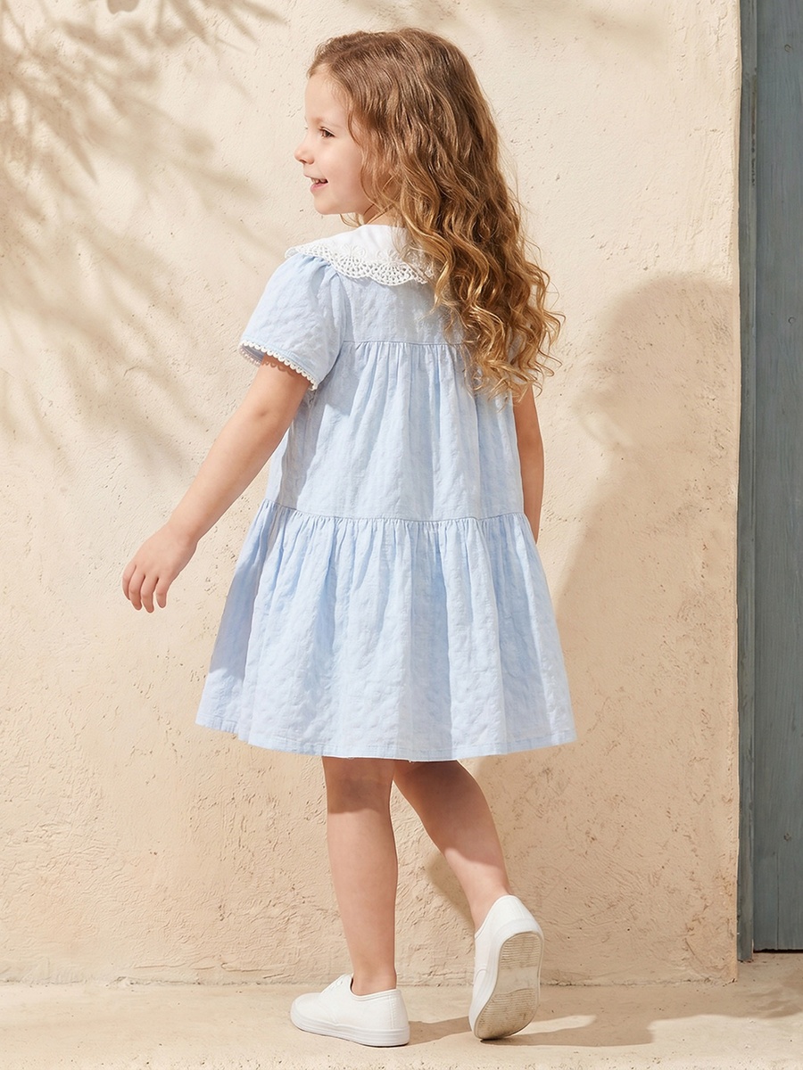 Peter Pan Collar Short Sleeves Knee Length Dress with Lace Trim