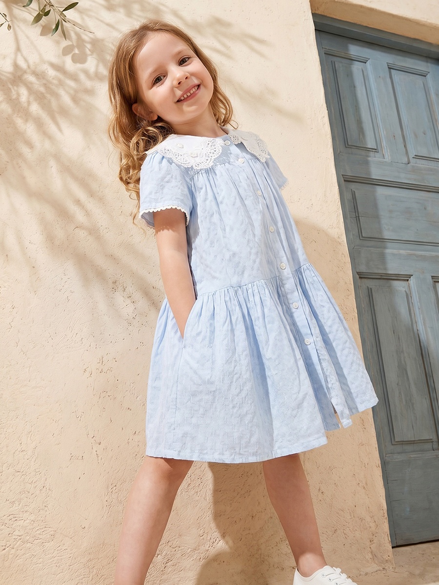 Peter Pan Collar Short Sleeves Knee Length Dress with Lace Trim
