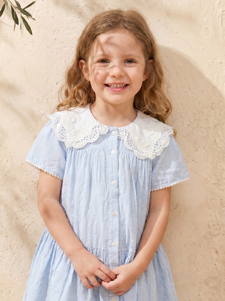 Peter Pan Collar Short Sleeves Knee Length Dress with Lace Trim