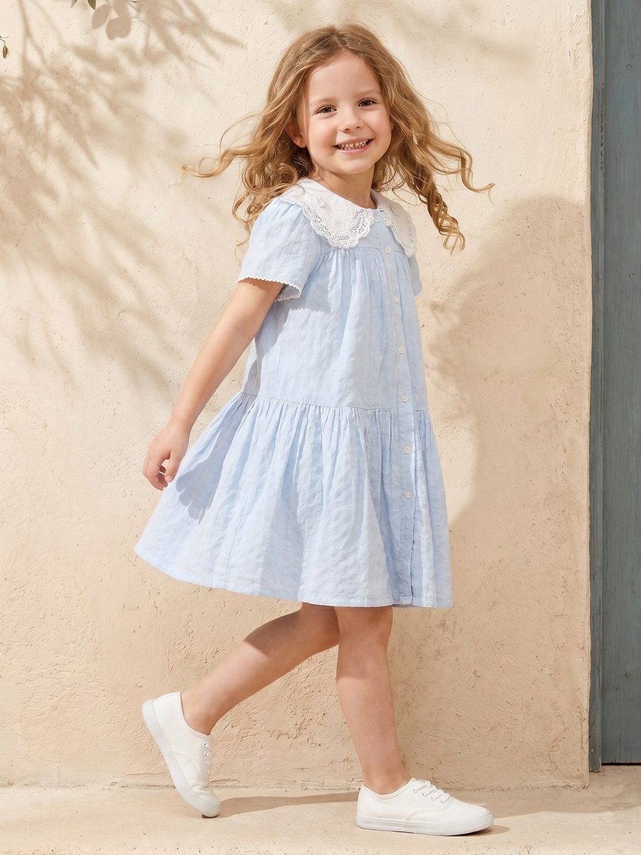 Peter Pan Collar Short Sleeves Knee Length Dress with Lace Trim