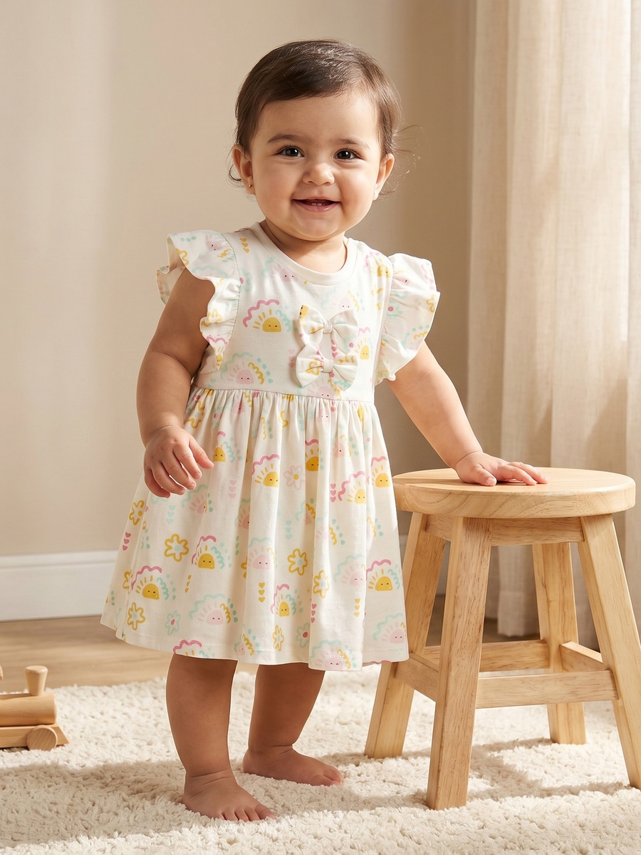 فستان بحافة واسعة بطول الركبة وأكمام قصيرة وياقة دائرية وتفاصيل فيونكة