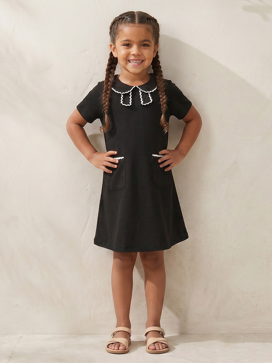 Peter Pan Collar Short Sleeves Knee Length Dress with Lace Trim
