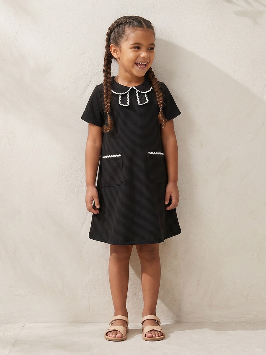 Peter Pan Collar Short Sleeves Knee Length Dress with Lace Trim