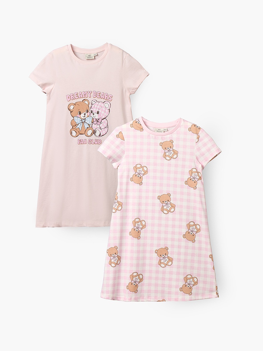 Pack of 2 Cotton Round Neck Short Sleeves Sleepshirt with Bear Print