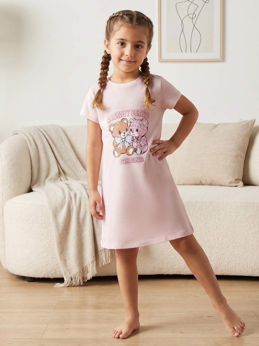 Pack of 2 Cotton Round Neck Short Sleeves Sleepshirt with Bear Print
