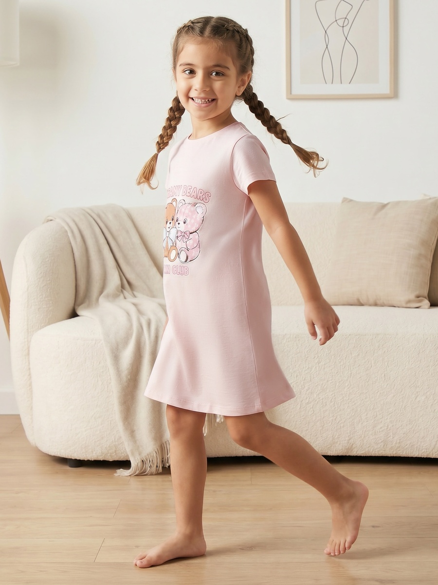 Pack of 2 Cotton Round Neck Short Sleeves Sleepshirt with Bear Print