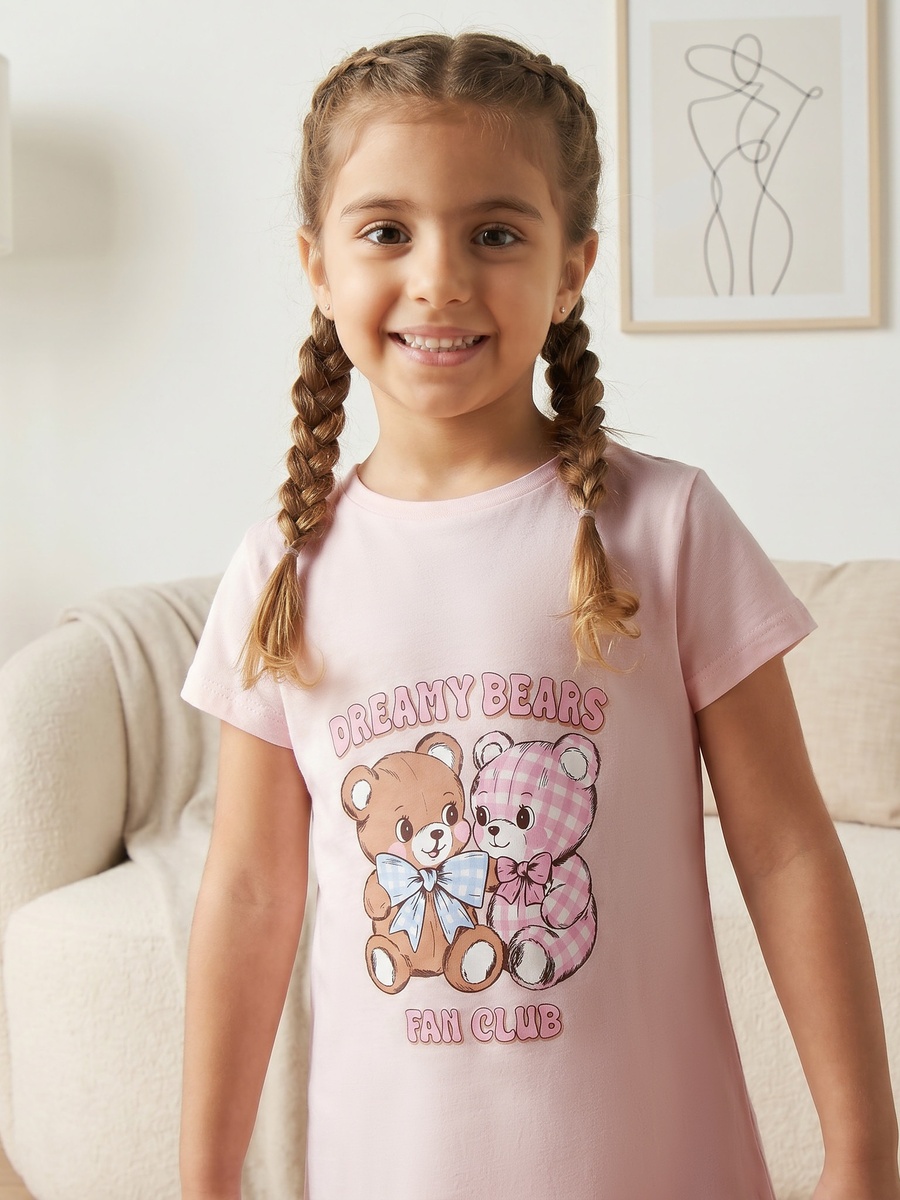 Pack of 2 Cotton Round Neck Short Sleeves Sleepshirt with Bear Print