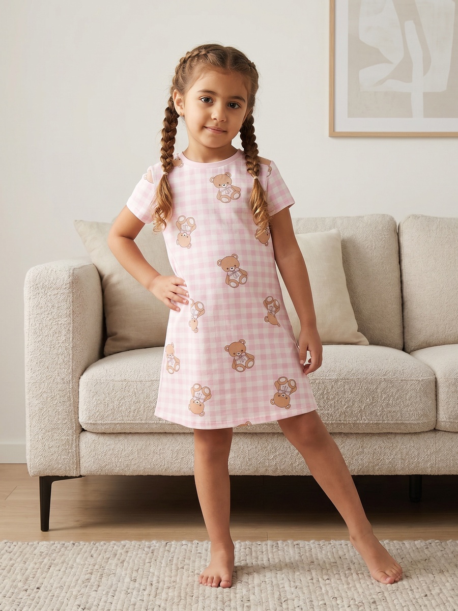 Pack of 2 Cotton Round Neck Short Sleeves Sleepshirt with Bear Print