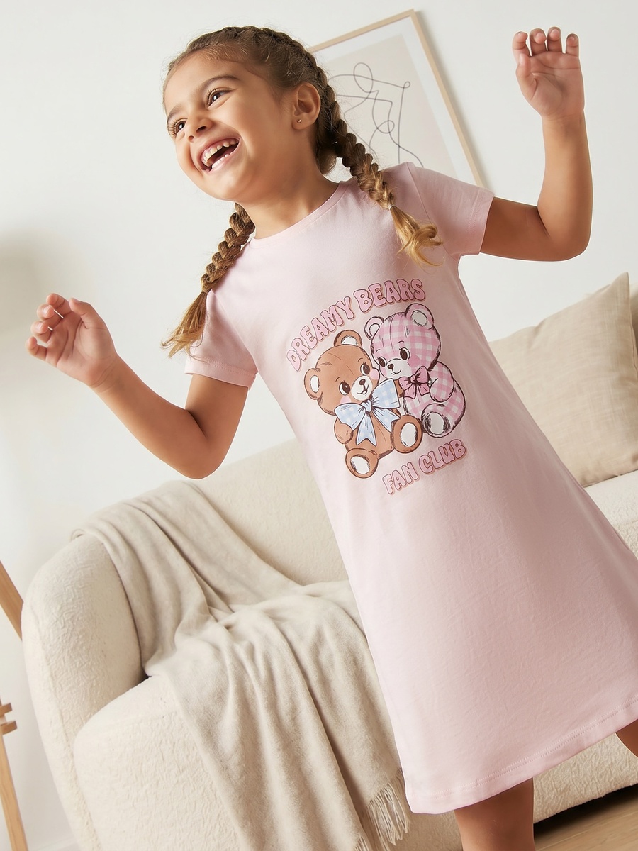 Pack of 2 Cotton Round Neck Short Sleeves Sleepshirt with Bear Print