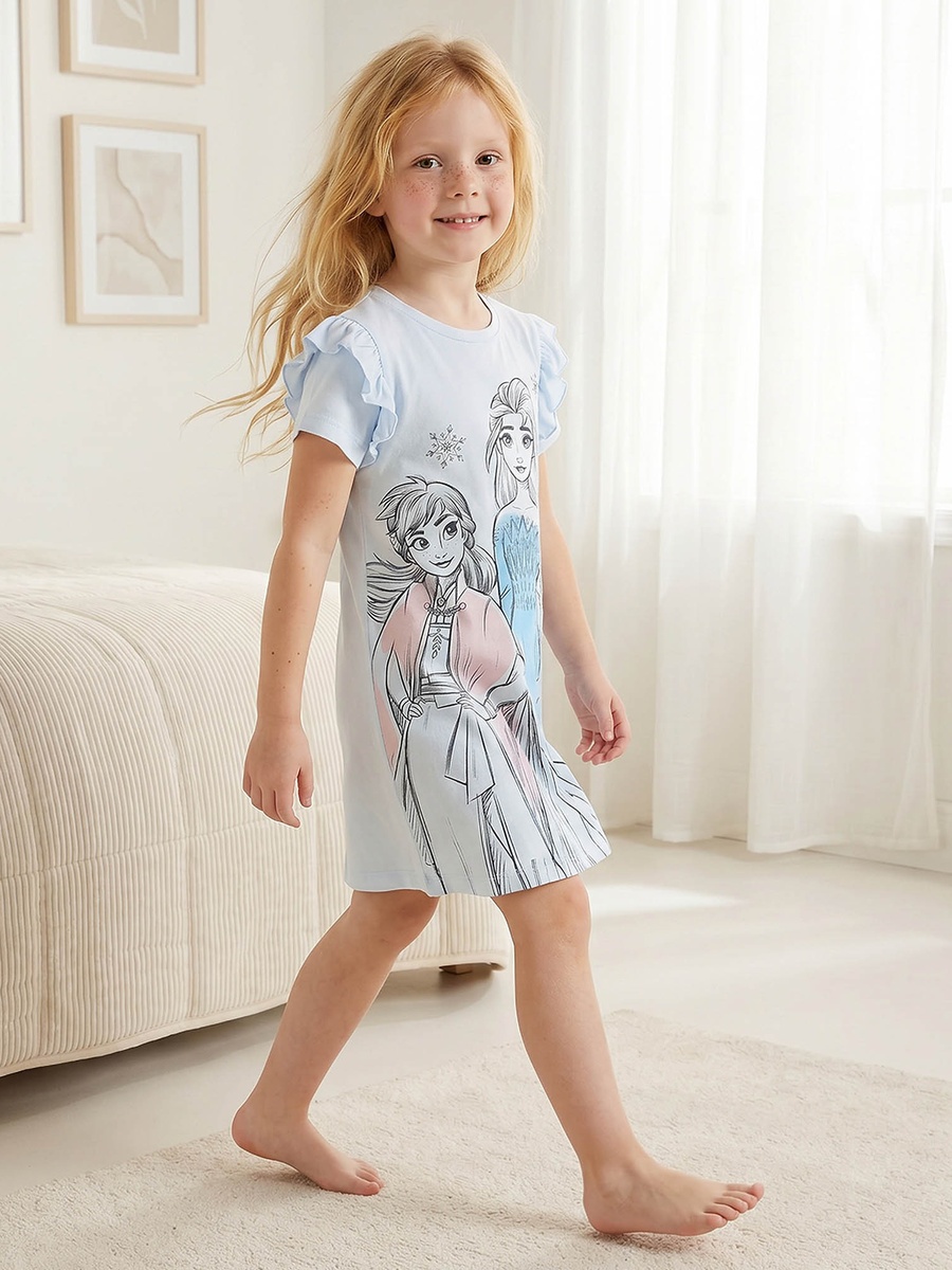 Crew Neck Short Sleeves Night Dress with Frozen Print