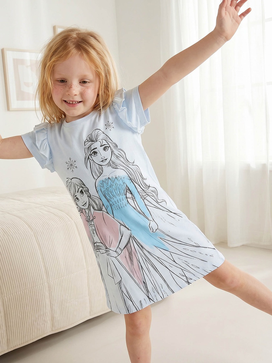 Crew Neck Short Sleeves Night Dress with Frozen Print