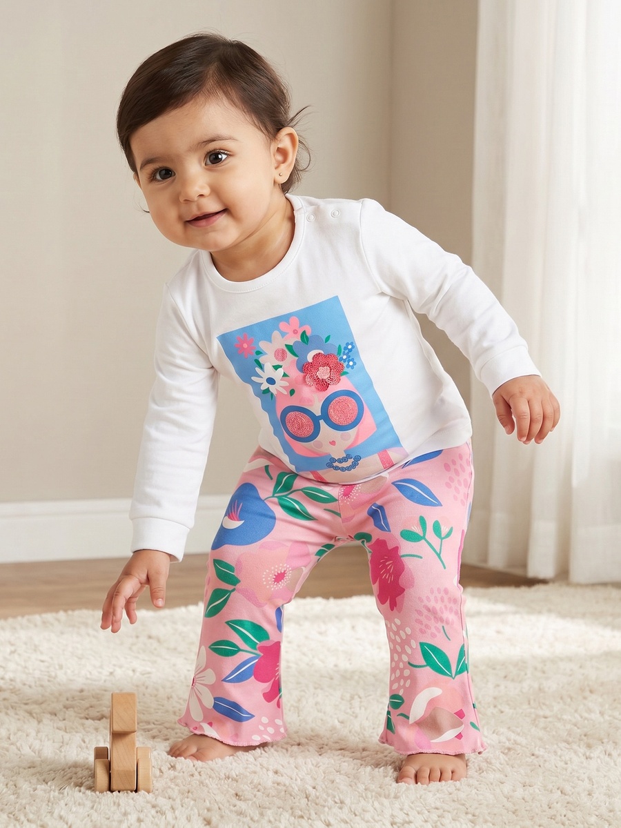 Cotton Round Neck Long Sleeves Pyjama Set with Floral Print