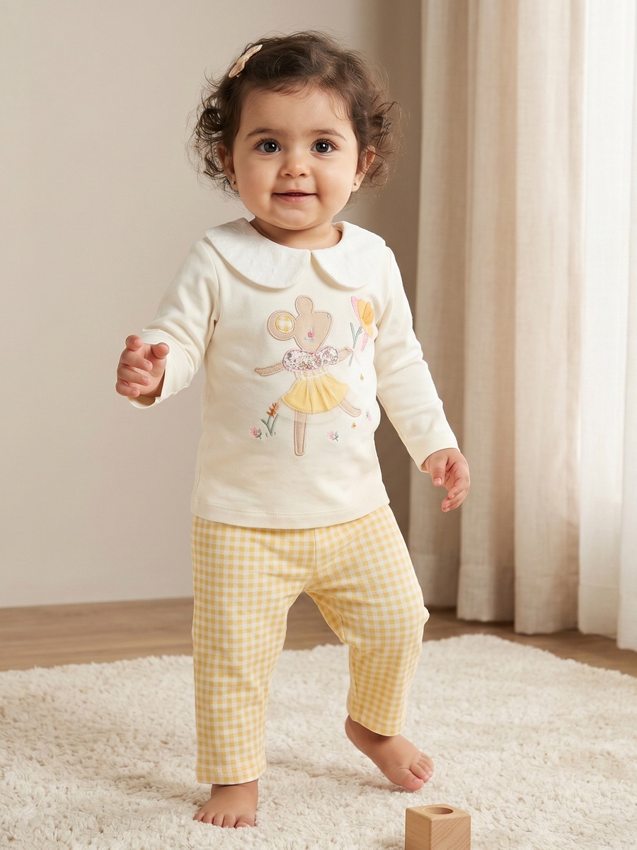 Cotton Peter Pan Collar Long Sleeves Pyjama Set with Mouse Applique