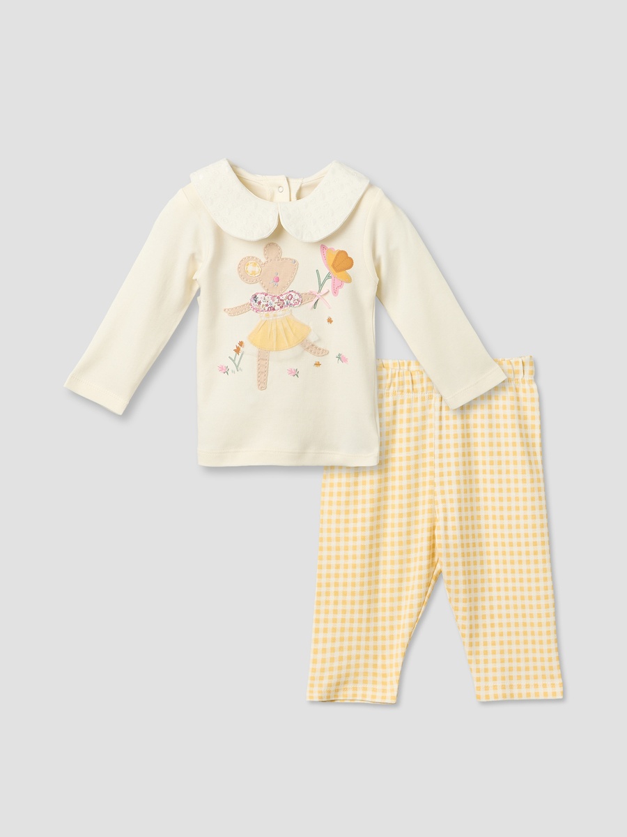 Cotton Peter Pan Collar Long Sleeves Pyjama Set with Mouse Applique