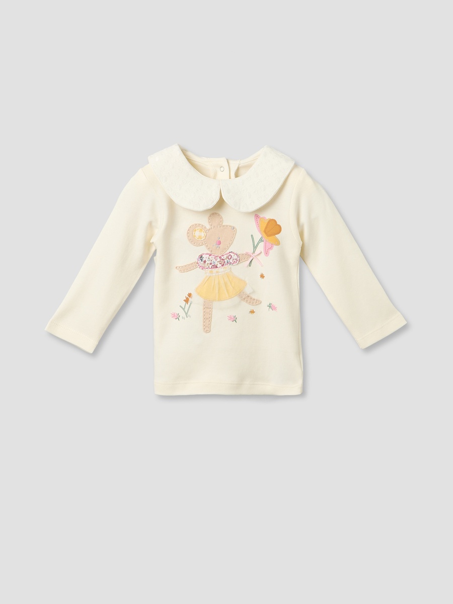 Cotton Peter Pan Collar Long Sleeves Pyjama Set with Mouse Applique