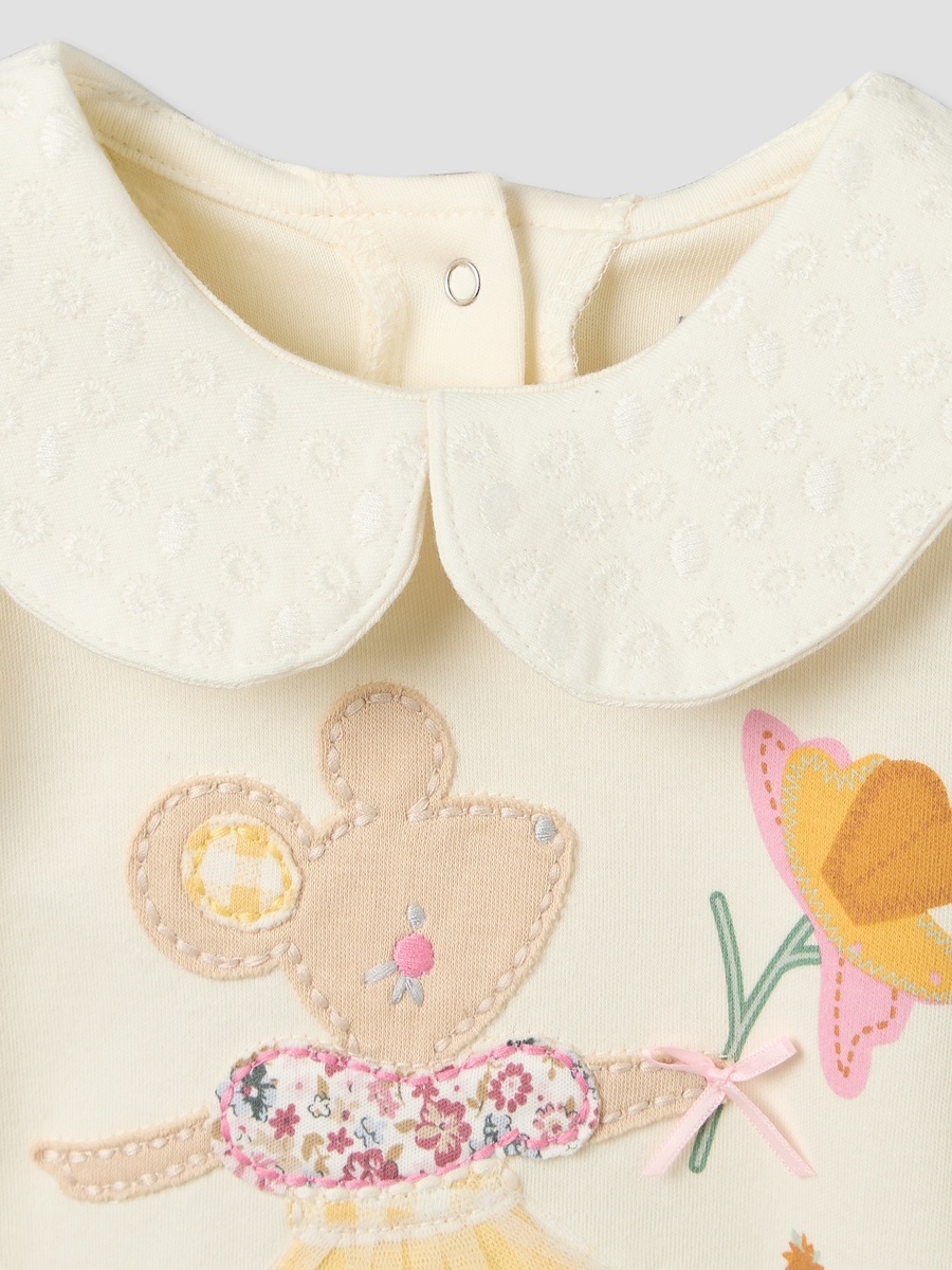 Cotton Peter Pan Collar Long Sleeves Pyjama Set with Mouse Applique
