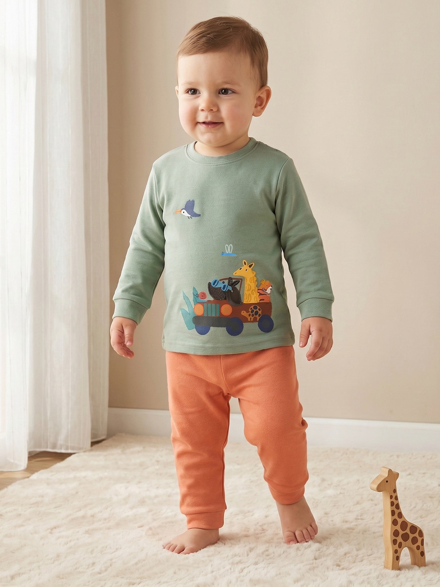Cotton Round Neck Long Sleeves Pyjama Set with Safari Embroidery
