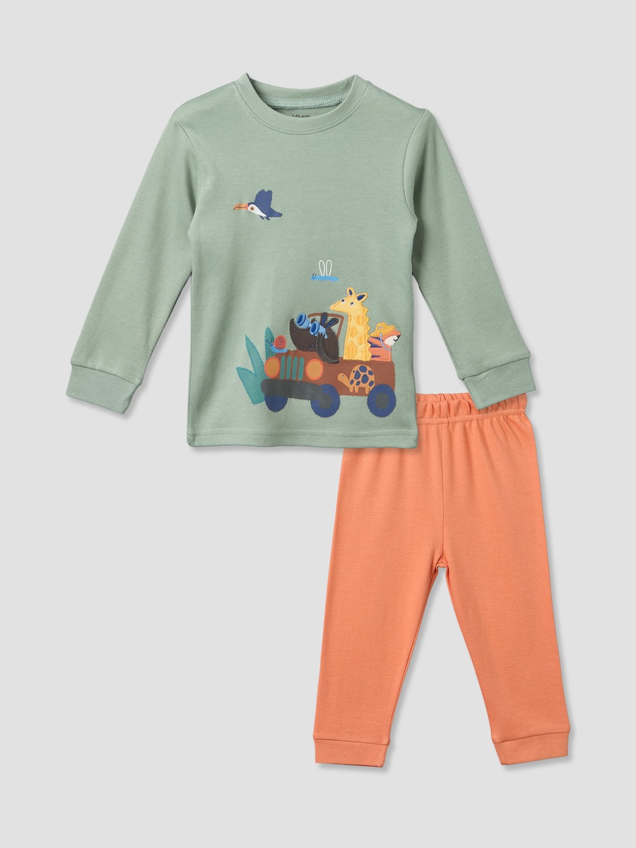 Cotton Round Neck Long Sleeves Pyjama Set with Safari Embroidery