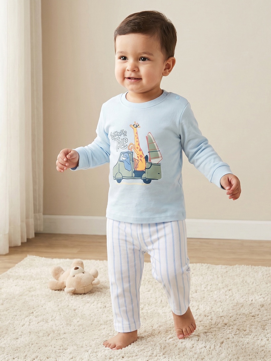 Cotton Round Neck Long Sleeves Pyjama Set with Safari Print