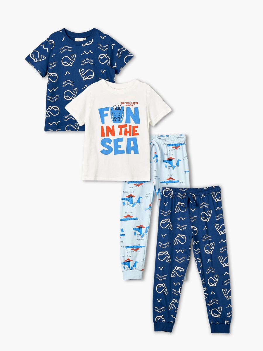 Pack of 2 Cotton Crew Neck Short Sleeves Pyjama Set with Aquatic Print