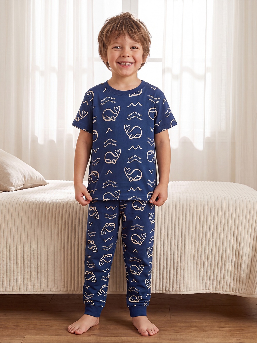 Pack of 2 Cotton Crew Neck Short Sleeves Pyjama Set with Aquatic Print