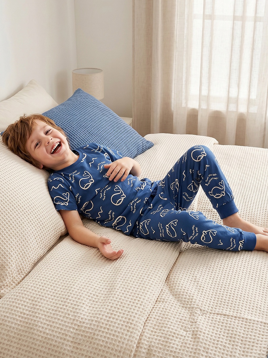 Pack of 2 Cotton Crew Neck Short Sleeves Pyjama Set with Aquatic Print