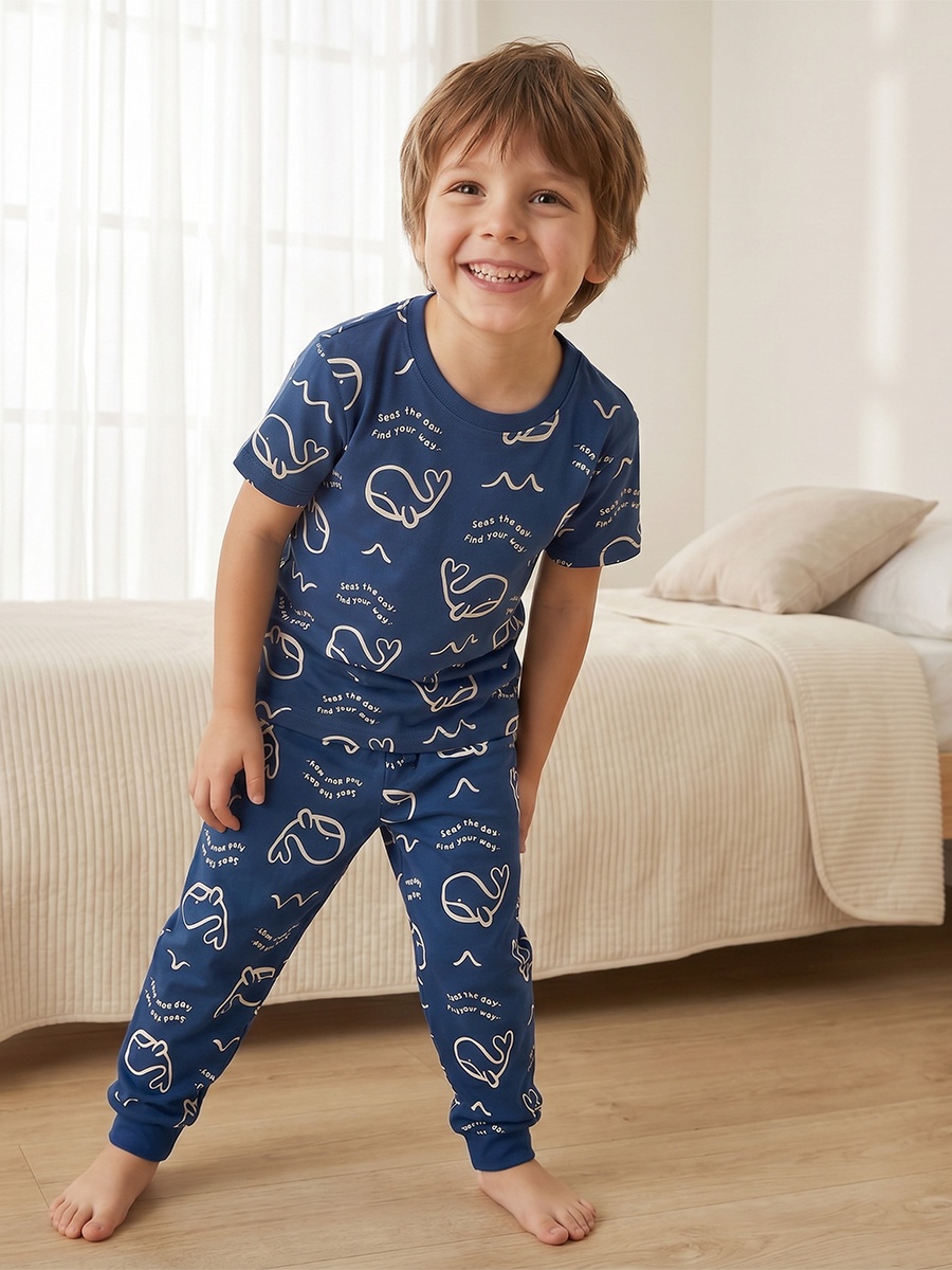 Pack of 2 Cotton Crew Neck Short Sleeves Pyjama Set with Aquatic Print