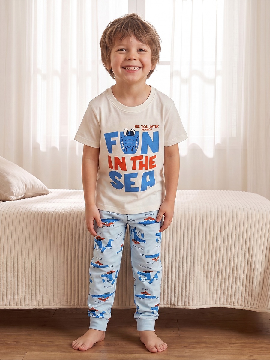 Pack of 2 Cotton Crew Neck Short Sleeves Pyjama Set with Aquatic Print