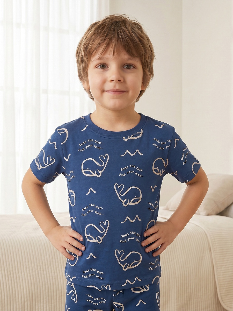 Pack of 2 Cotton Crew Neck Short Sleeves Pyjama Set with Aquatic Print