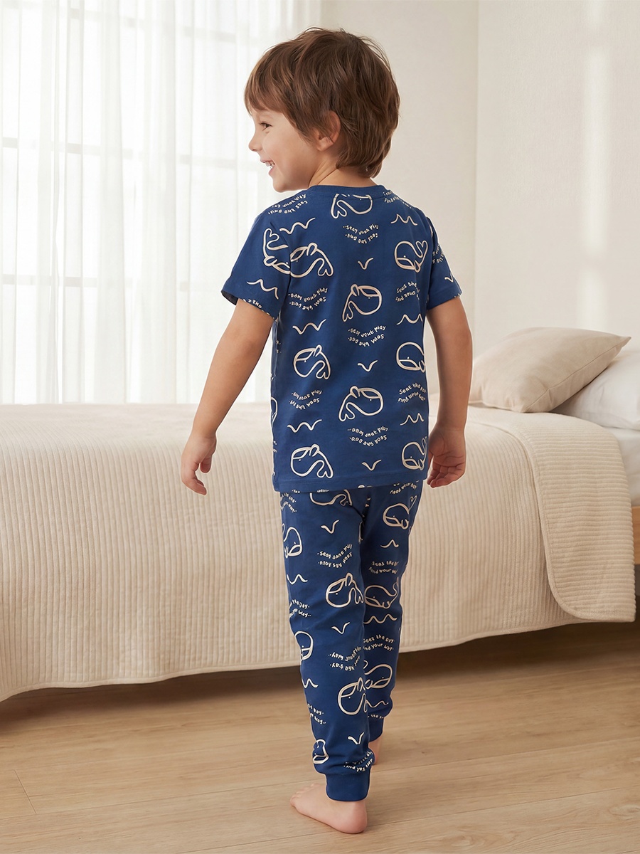 Pack of 2 Cotton Crew Neck Short Sleeves Pyjama Set with Aquatic Print