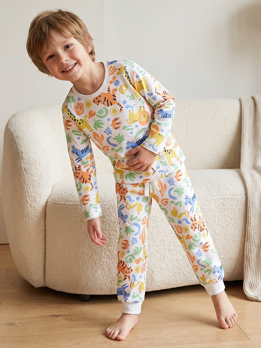 Cotton Crew Neck Long Sleeves Pyjama Set with Safari Print
