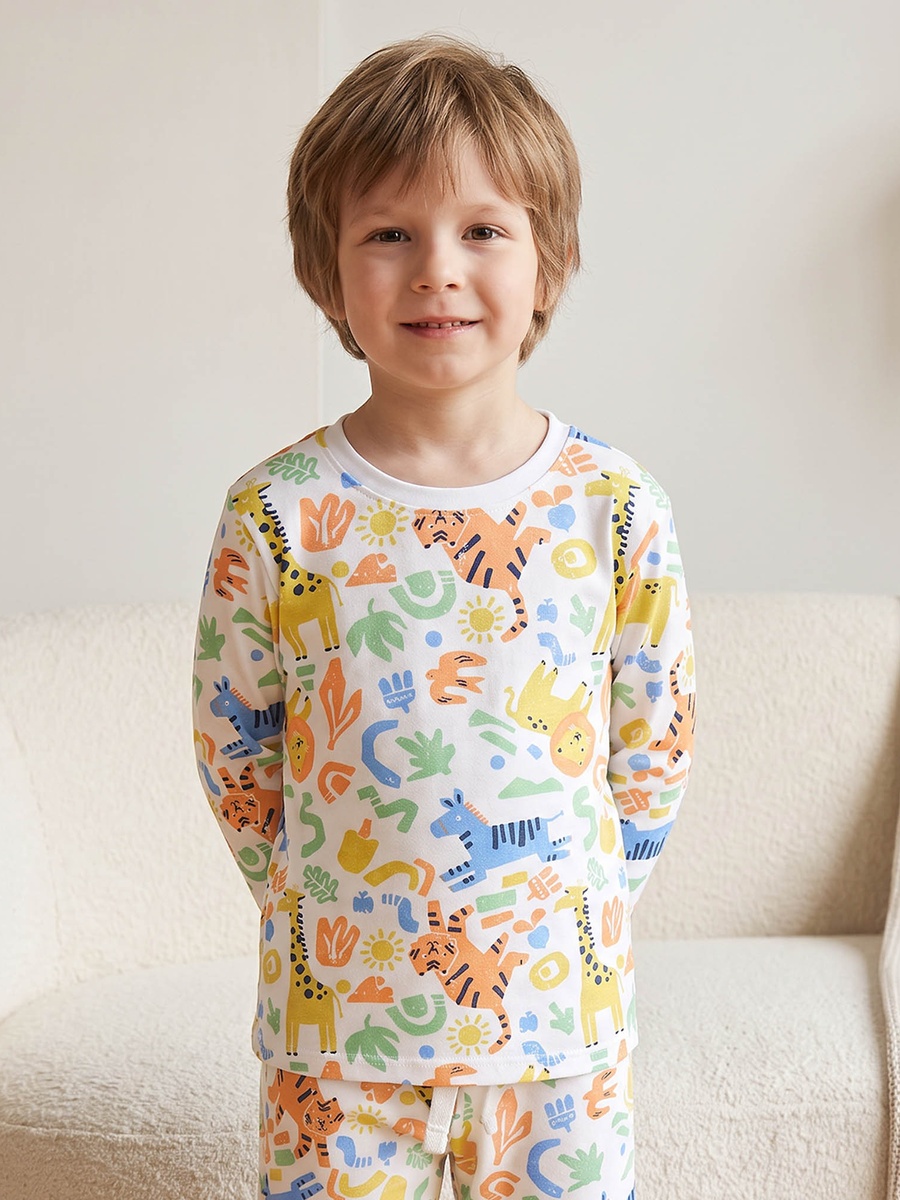 Cotton Crew Neck Long Sleeves Pyjama Set with Safari Print
