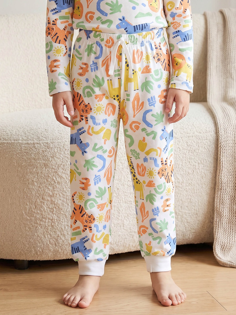 Cotton Crew Neck Long Sleeves Pyjama Set with Safari Print