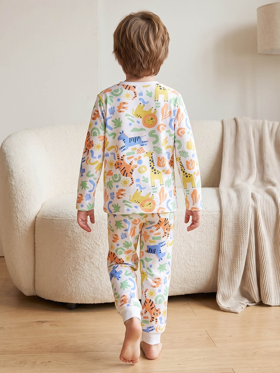 Cotton Crew Neck Long Sleeves Pyjama Set with Safari Print