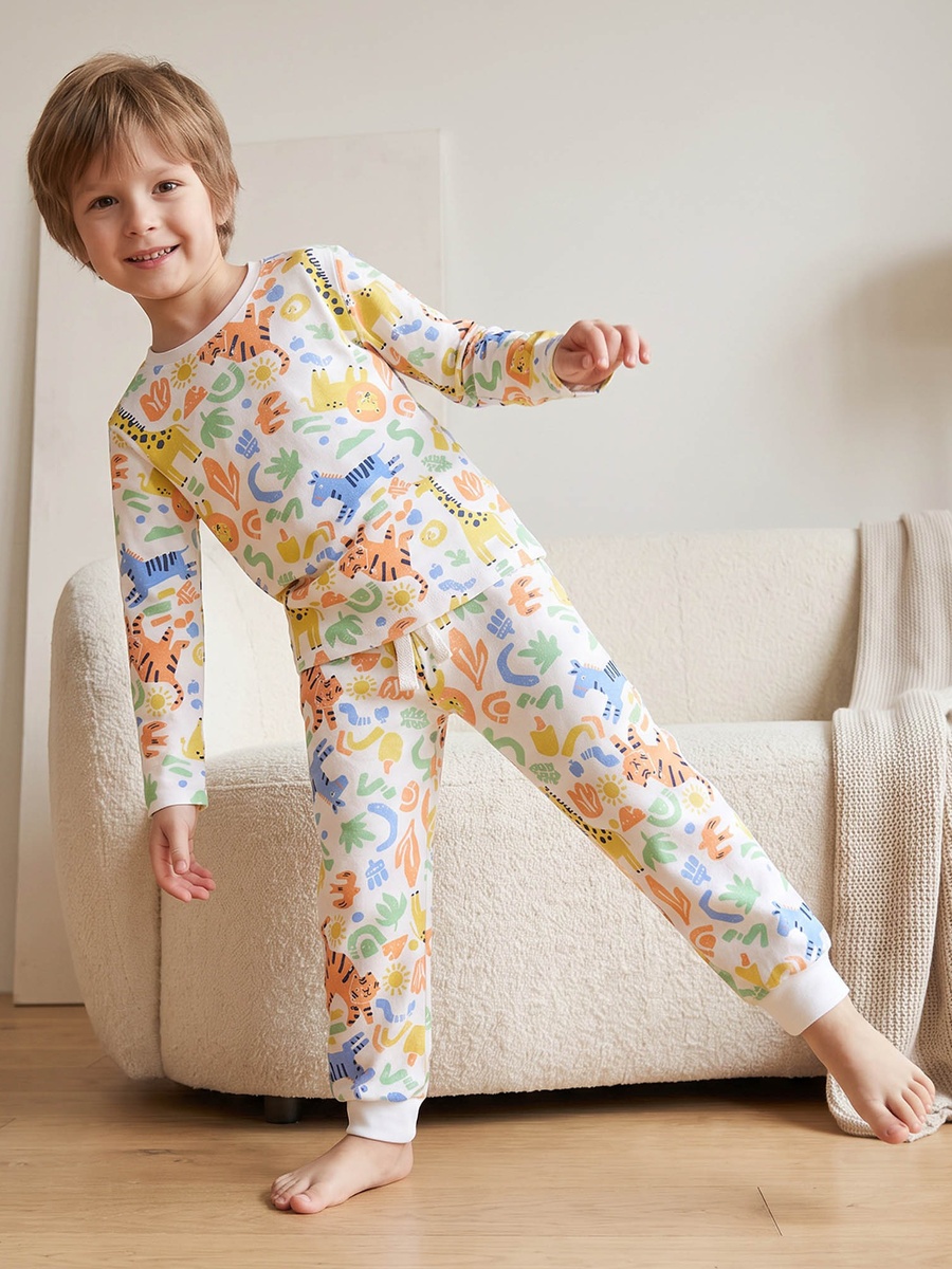Cotton Crew Neck Long Sleeves Pyjama Set with Safari Print
