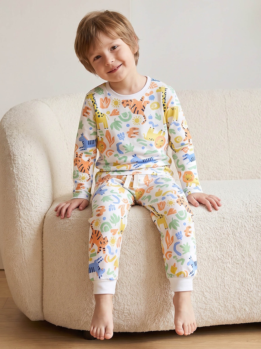 Cotton Crew Neck Long Sleeves Pyjama Set with Safari Print