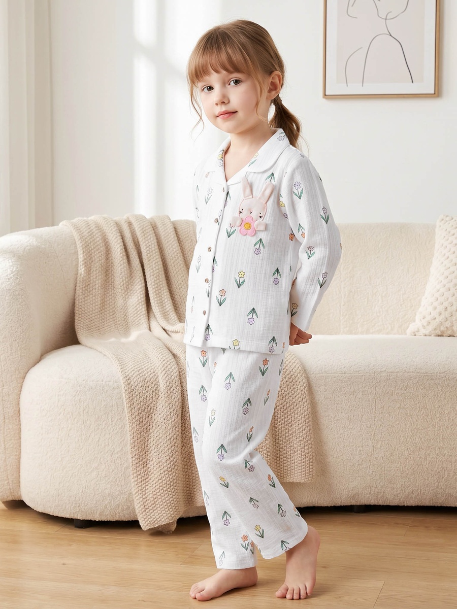Cotton Notch Collar Long Sleeves Pyjama Set with Bunny Applique