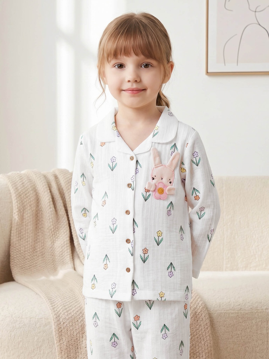 Cotton Notch Collar Long Sleeves Pyjama Set with Bunny Applique