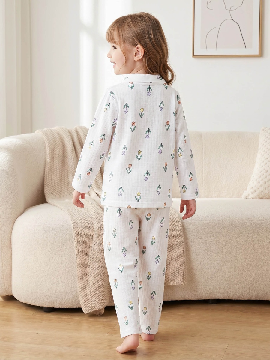 Cotton Notch Collar Long Sleeves Pyjama Set with Bunny Applique