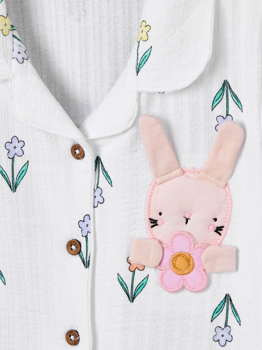 Cotton Notch Collar Long Sleeves Pyjama Set with Bunny Applique