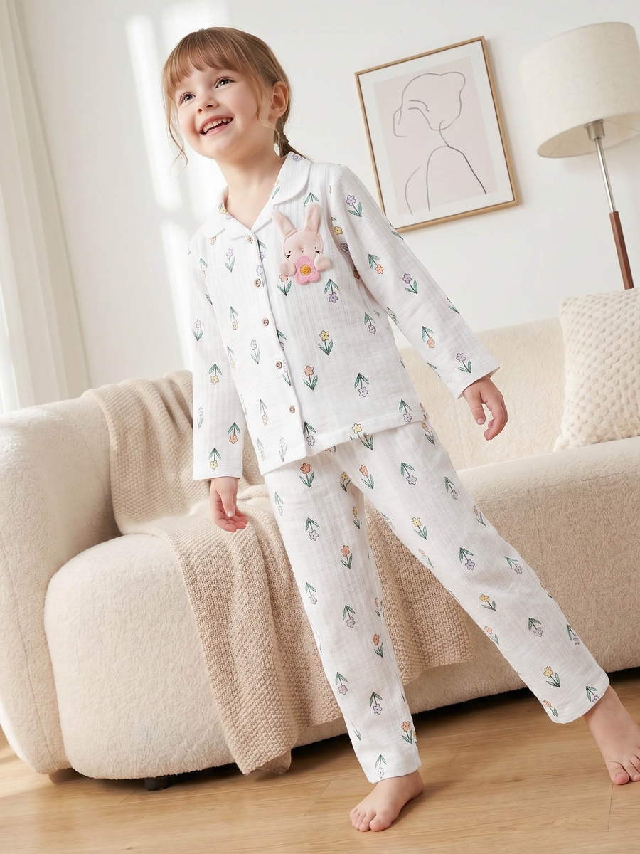 Cotton Notch Collar Long Sleeves Pyjama Set with Bunny Applique
