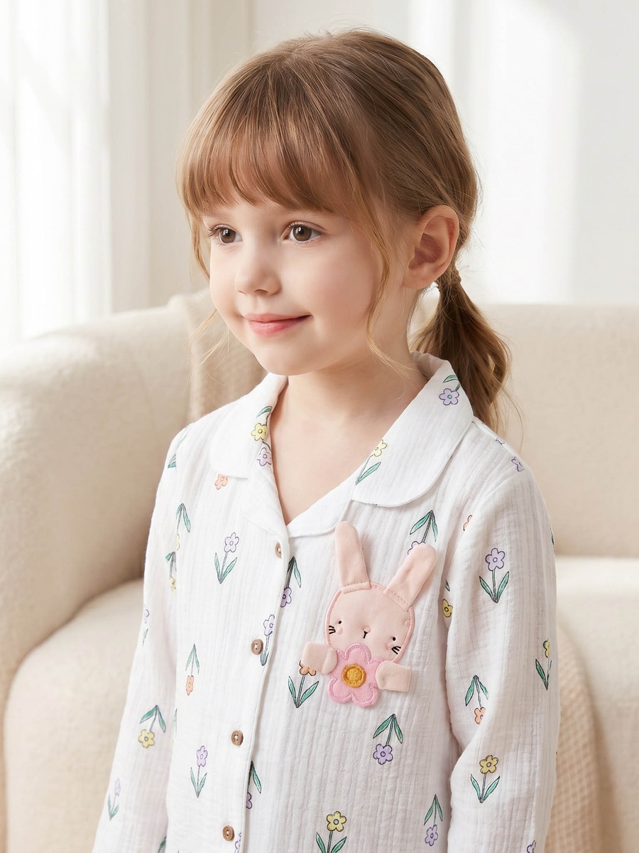 Cotton Notch Collar Long Sleeves Pyjama Set with Bunny Applique