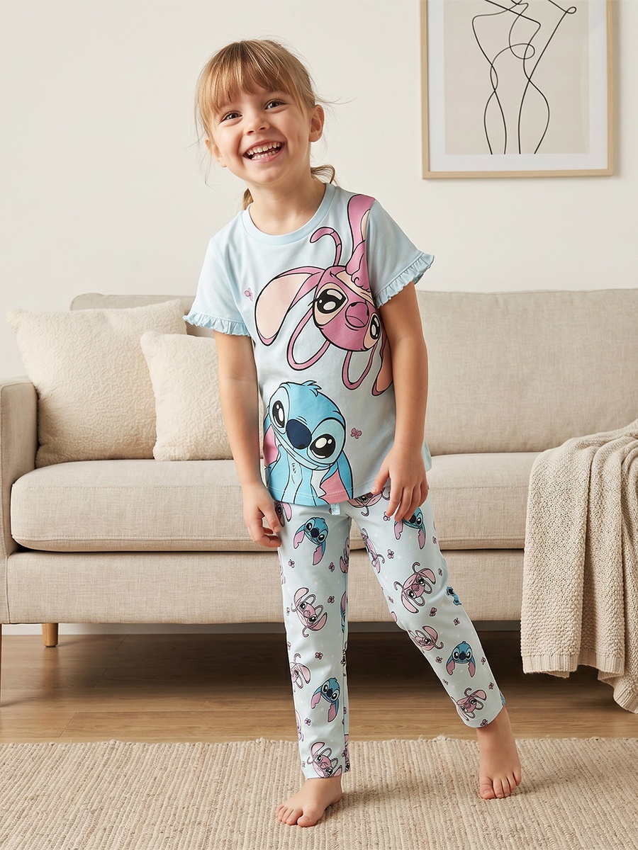 Cotton Crew Neck Short Sleeves Pyjama Set with Angel and Stitch Print
