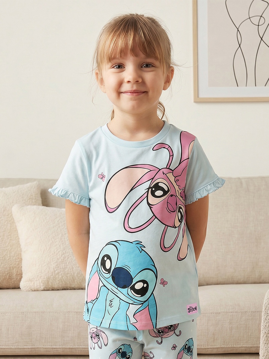 Cotton Crew Neck Short Sleeves Pyjama Set with Angel and Stitch Print