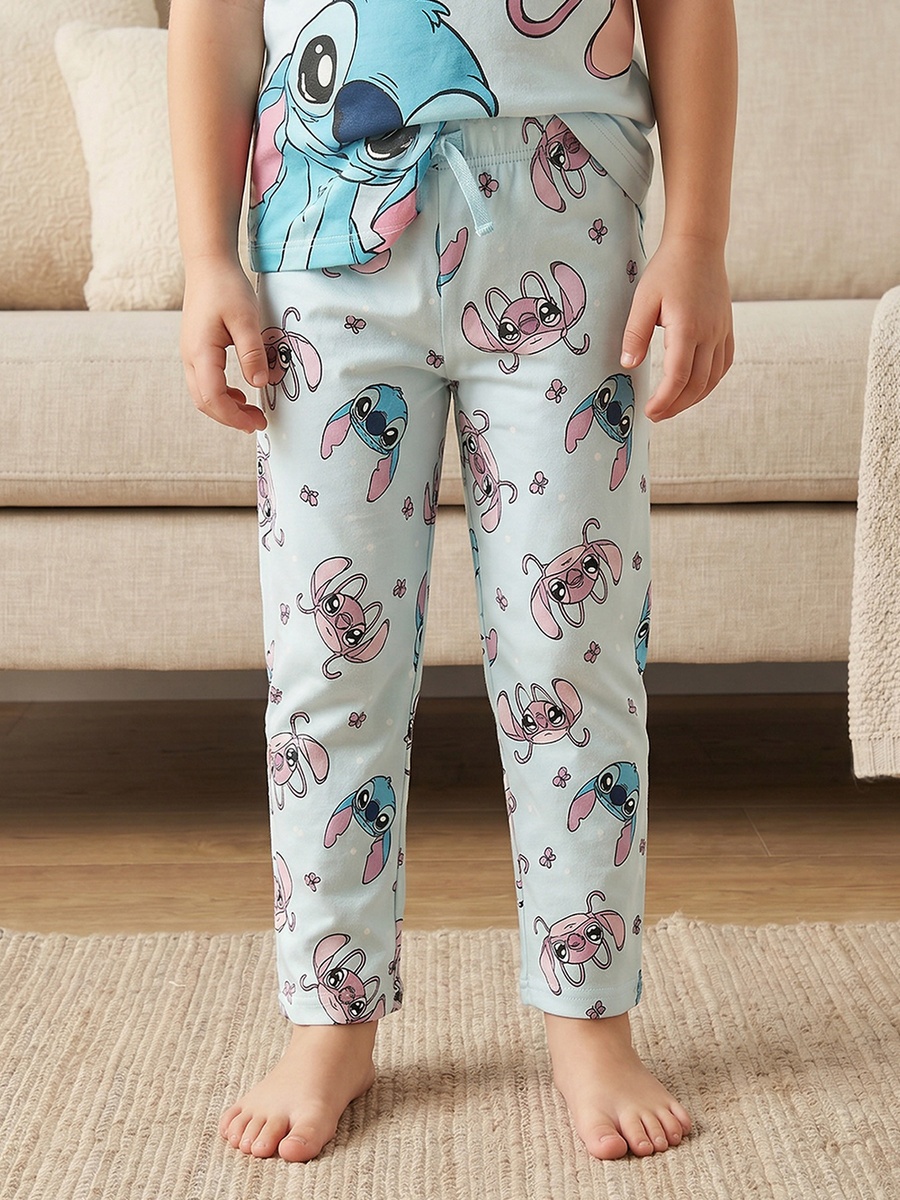 Cotton Crew Neck Short Sleeves Pyjama Set with Angel and Stitch Print