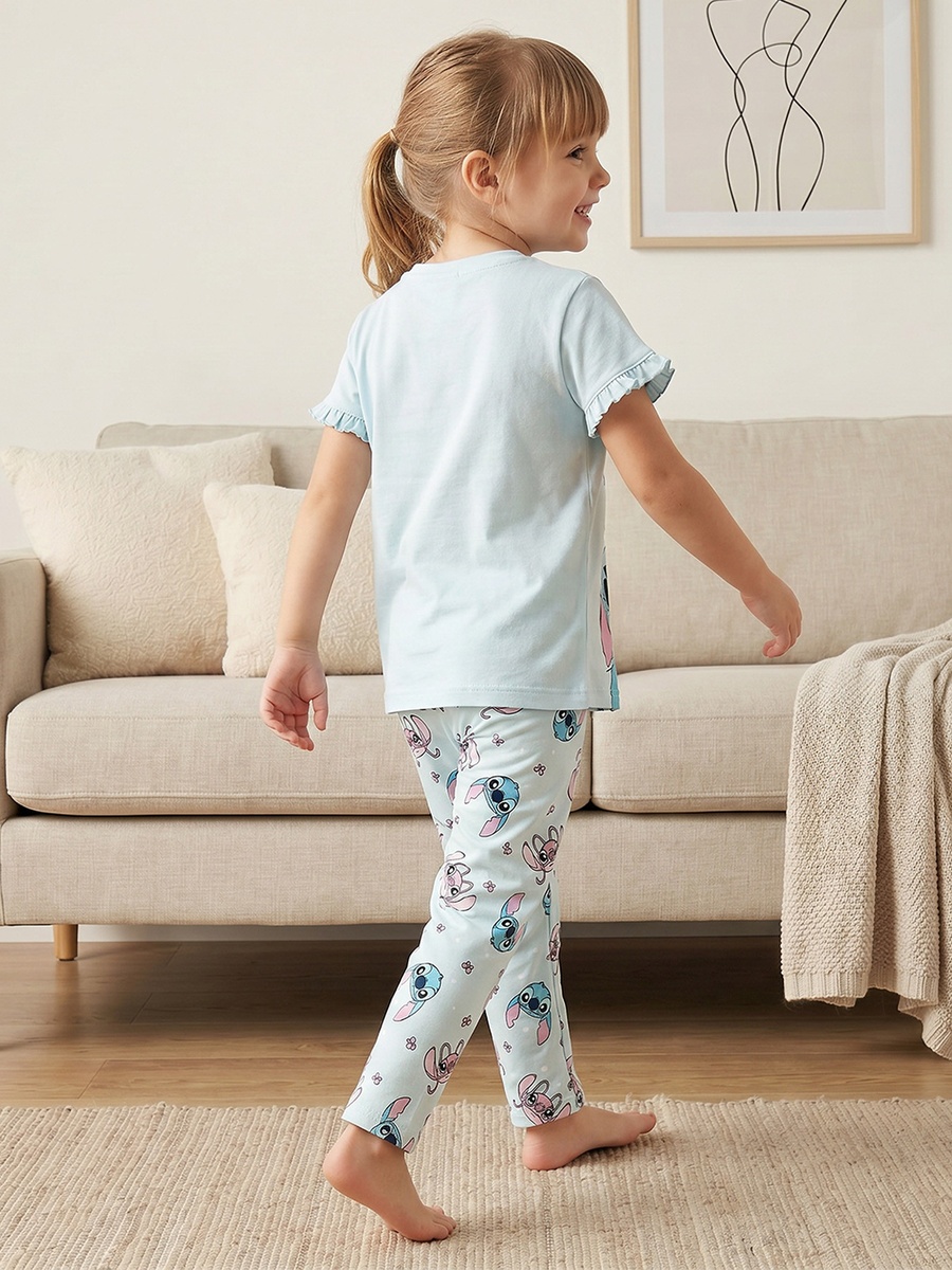 Cotton Crew Neck Short Sleeves Pyjama Set with Angel and Stitch Print