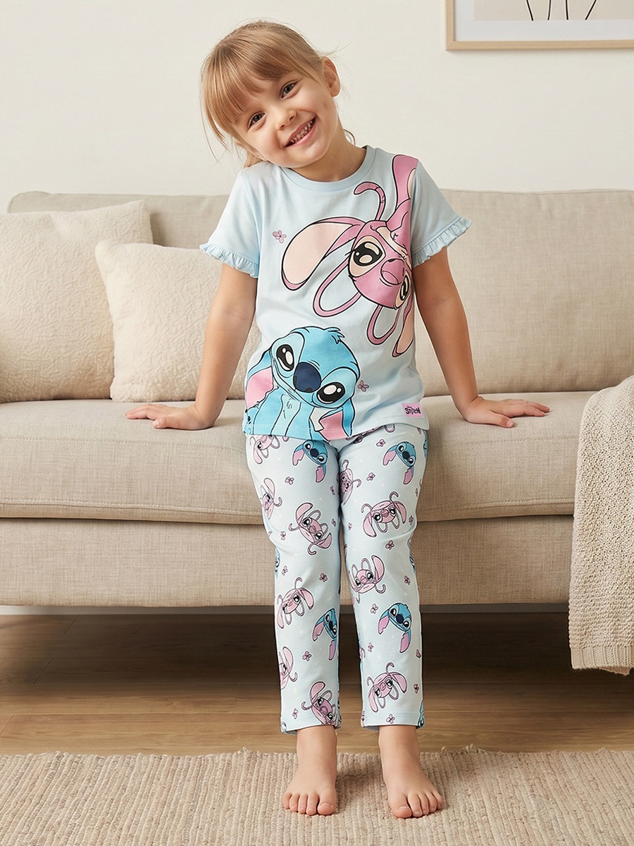 Cotton Crew Neck Short Sleeves Pyjama Set with Angel and Stitch Print
