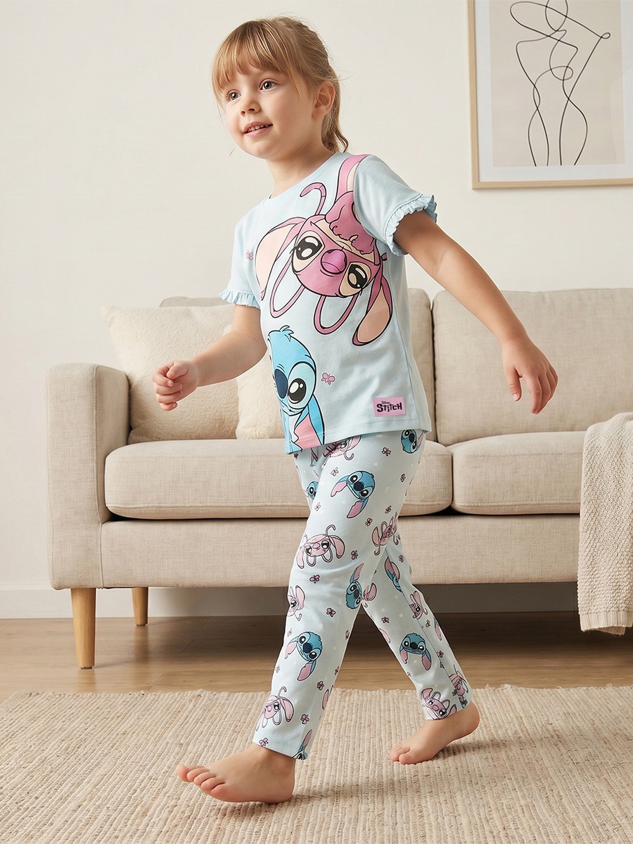Cotton Crew Neck Short Sleeves Pyjama Set with Angel and Stitch Print