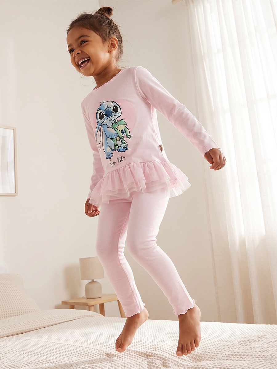 Cotton Crew Neck Long Sleeves Pyjama Set with Stitch Print