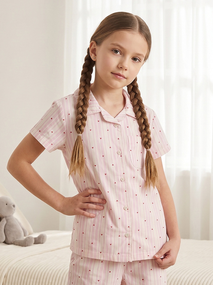 Cotton Collared Short Sleeves Pyjama Set with Heart Print